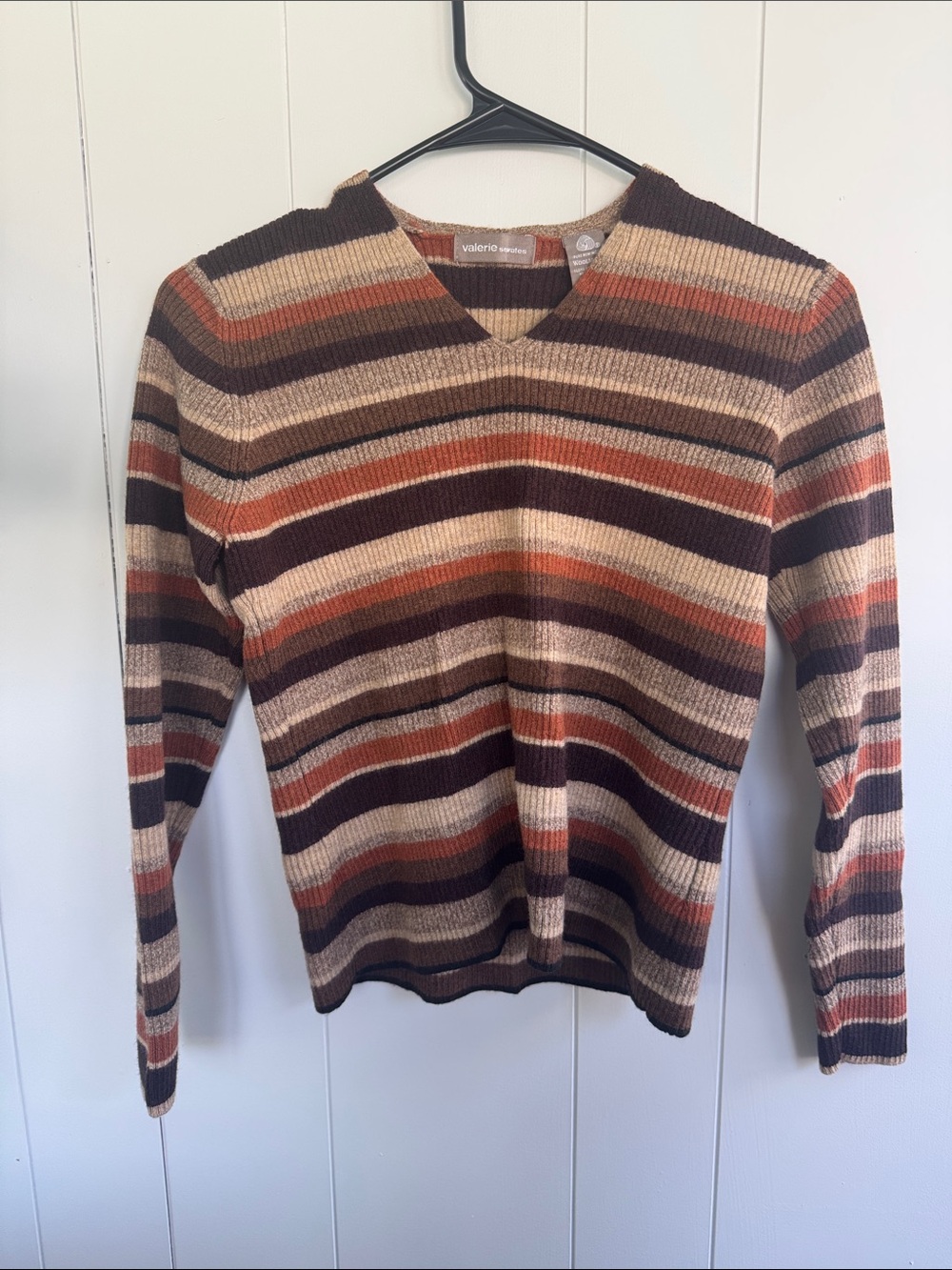 Valerie Stevens Ribbed Stripe V-Neck Sweater pure Marino wool